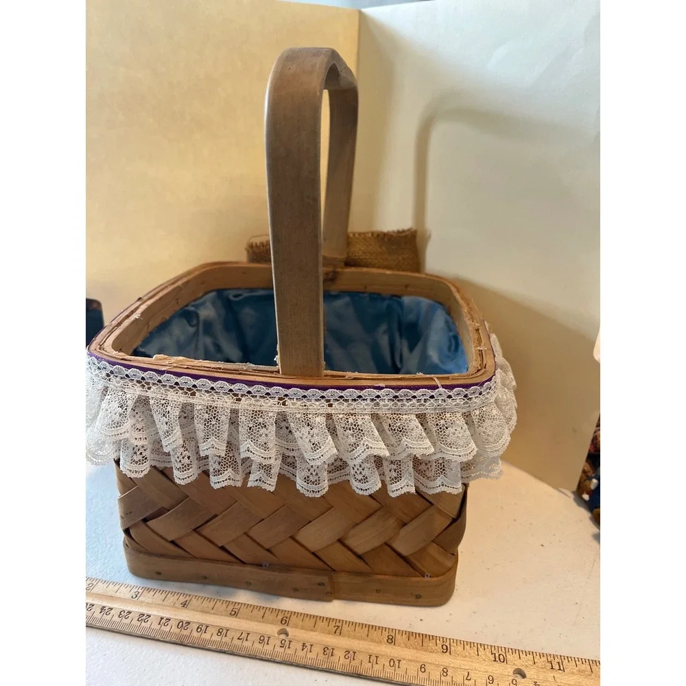 Vintage Woven Wood Basket with Lace Trim Burlap Bow and Blue Fabric Liner